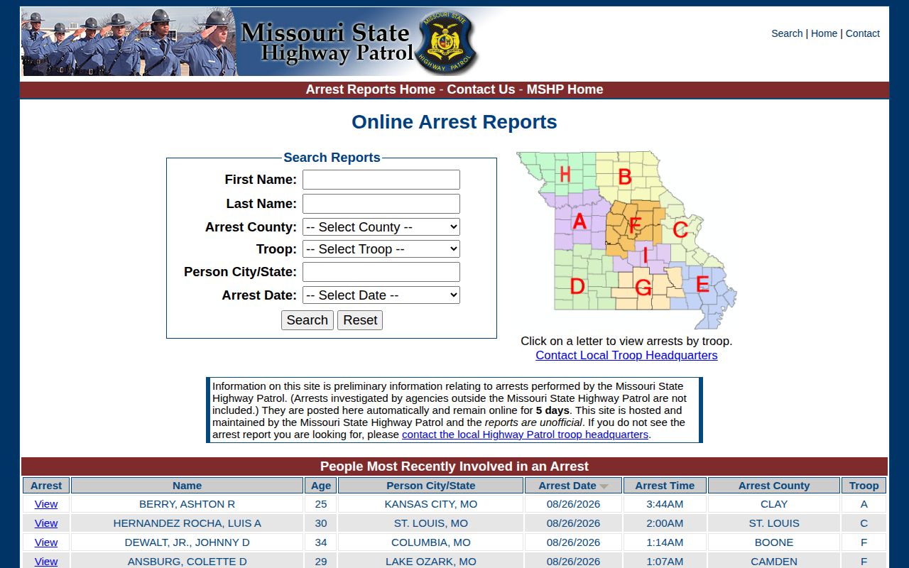Missouri State Highway Patrol search form for Chariton County arrest reports
