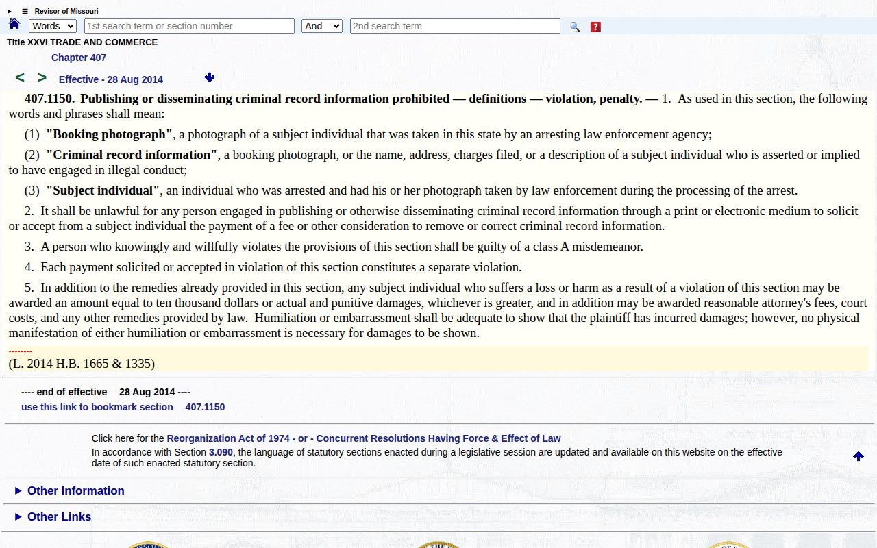 Chariton County booking-photo publication law on the Missouri statute website