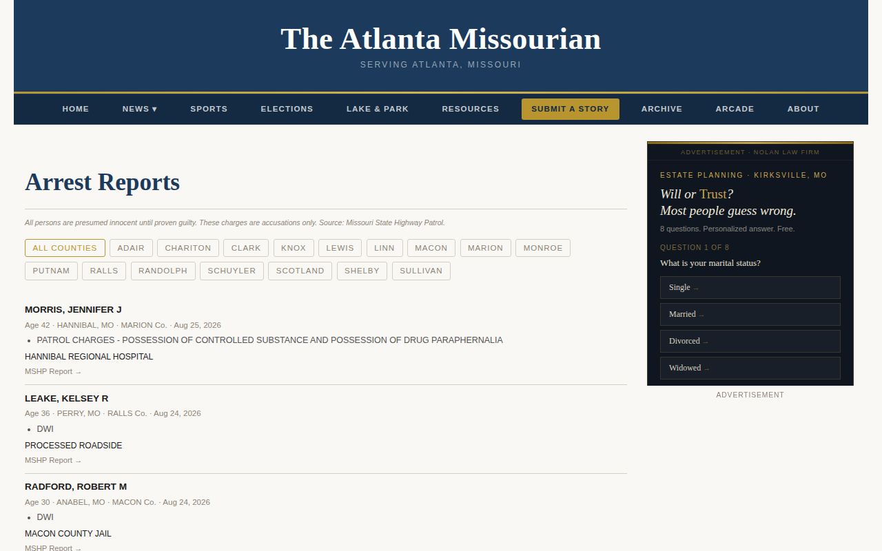 Chariton County state-patrol arrest reporting format on the Atlanta Missourian