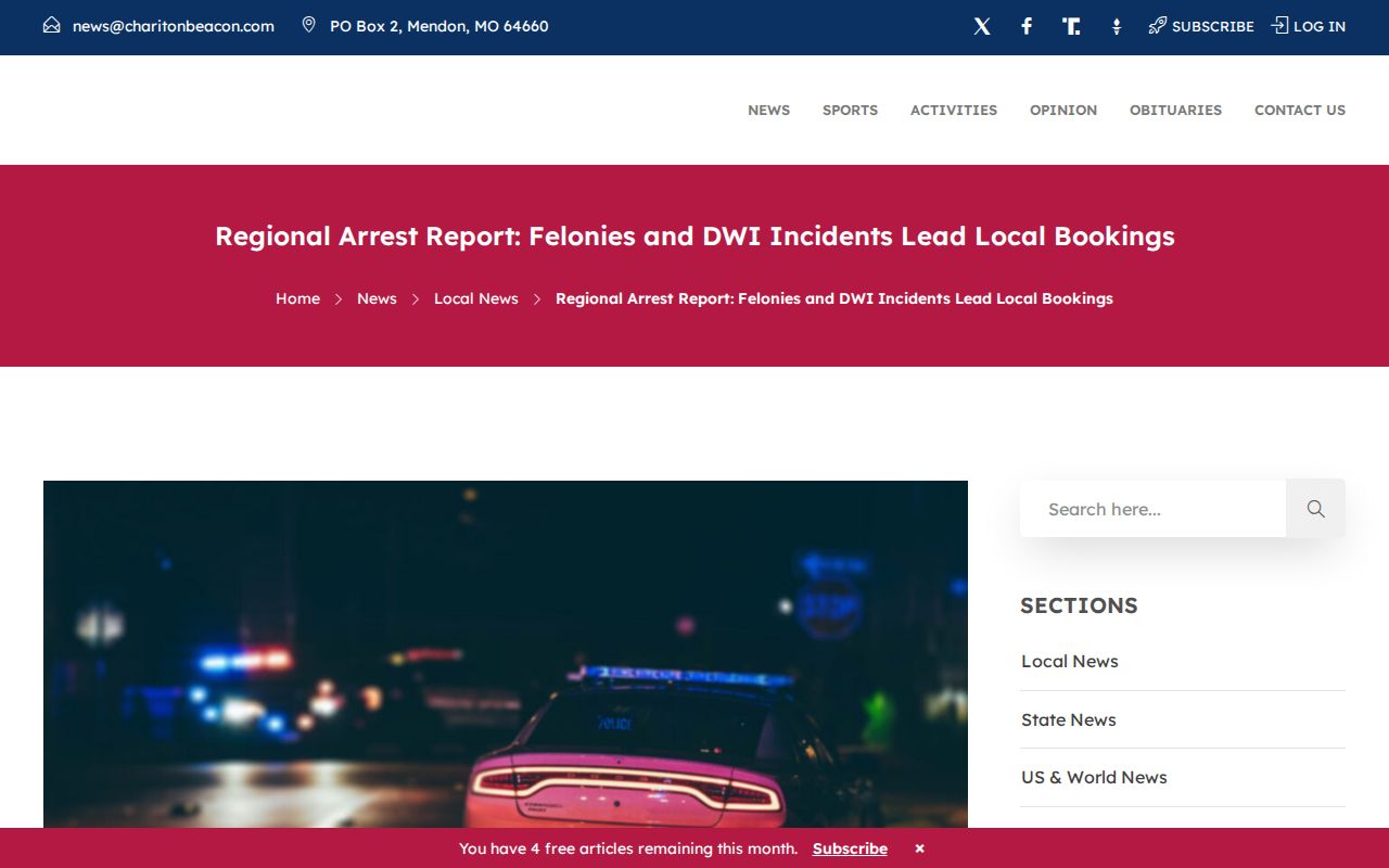 Chariton County crime news format on a Chariton Beacon regional arrest report
